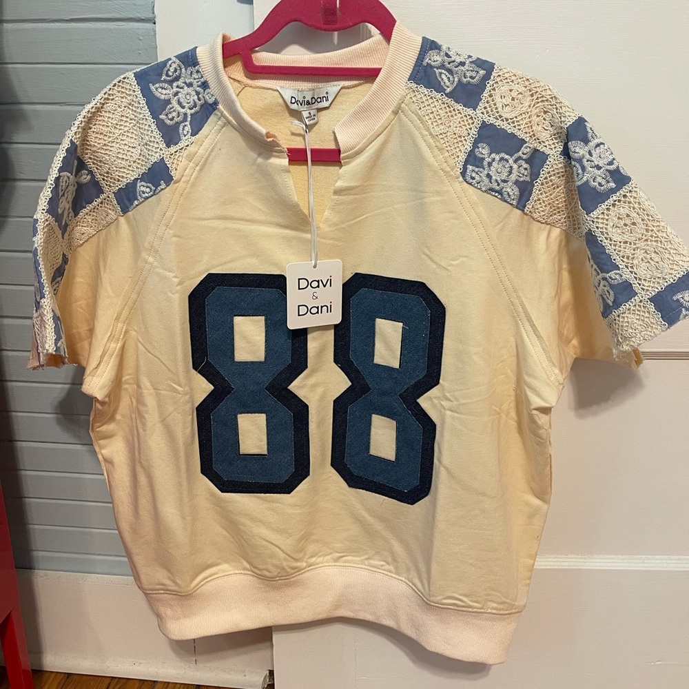 Davi & Dani Denim Crochet Lace 88 Patch Sweatshirt